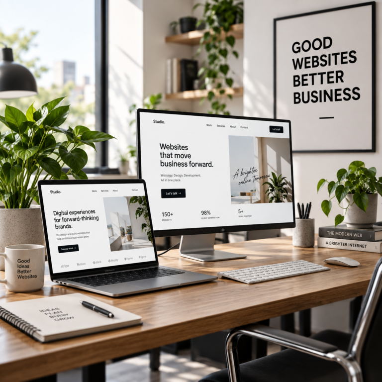 Moderne werkplek met laptop en desktop waarop professionele websites worden getoond door Malek Media.